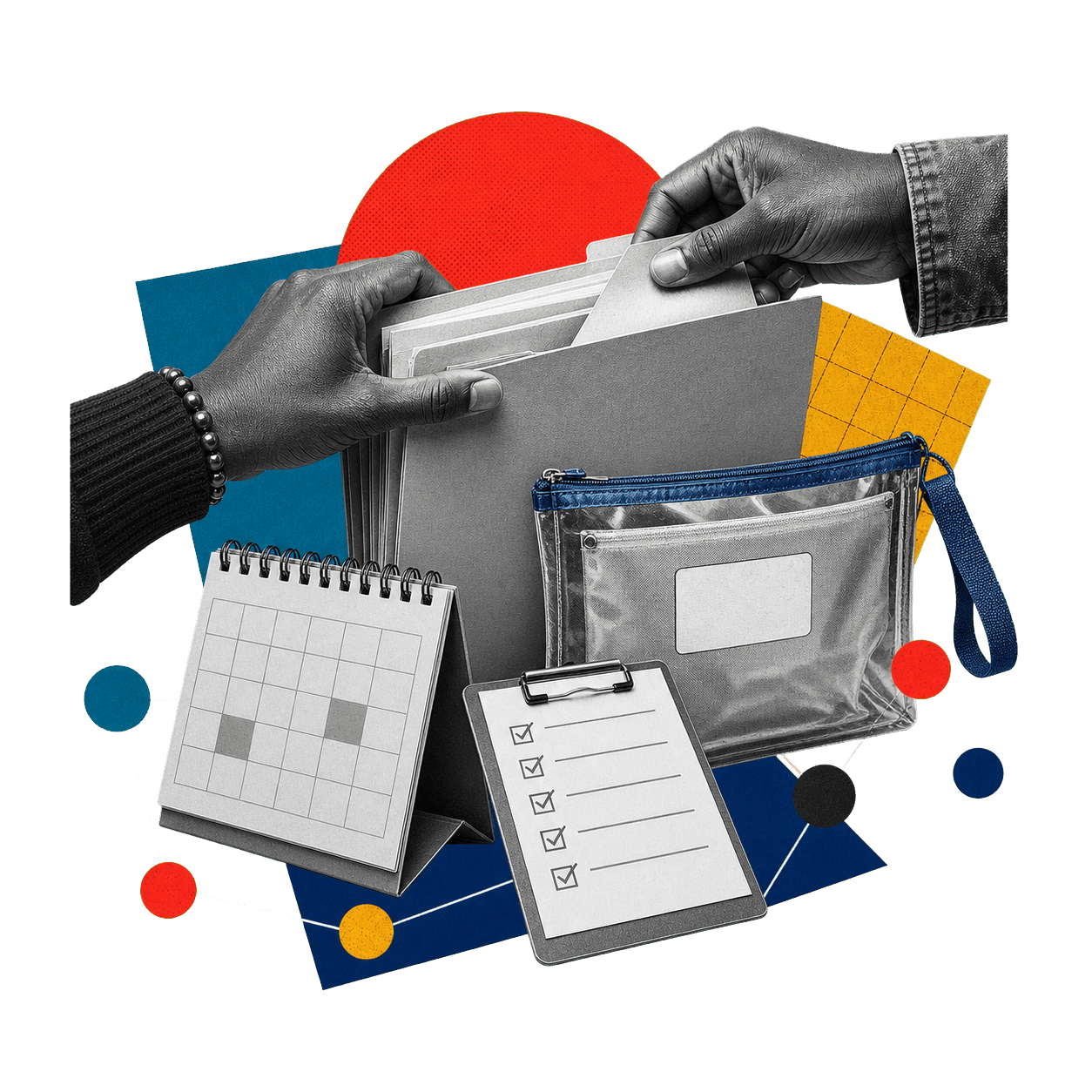 Colagem de documentos, bolsa transparente, calendário e checklist para preparar uma visita.