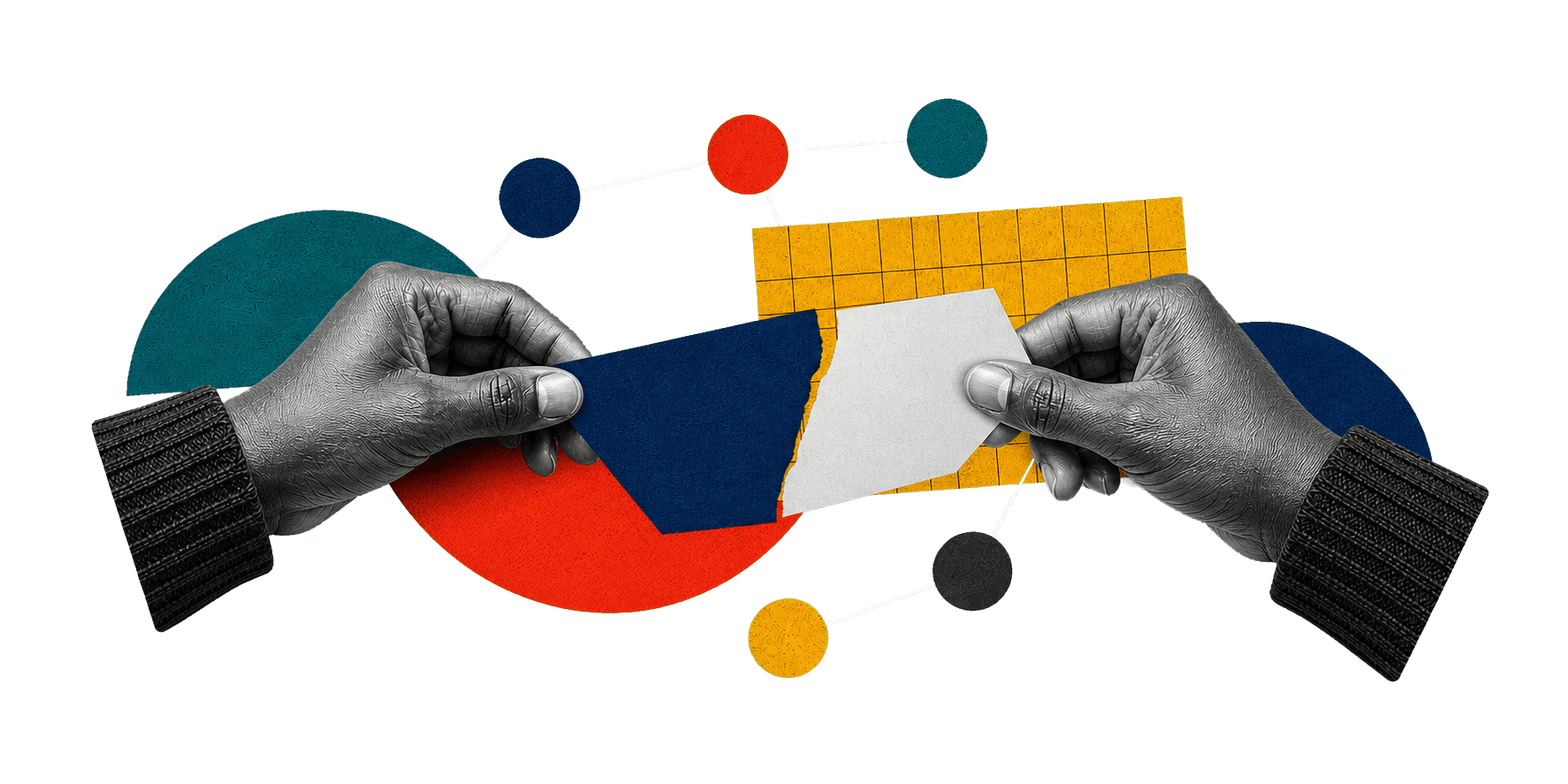 Colagem com mãos conectando papéis, formas geométricas e pontos de uma rede comunitária.