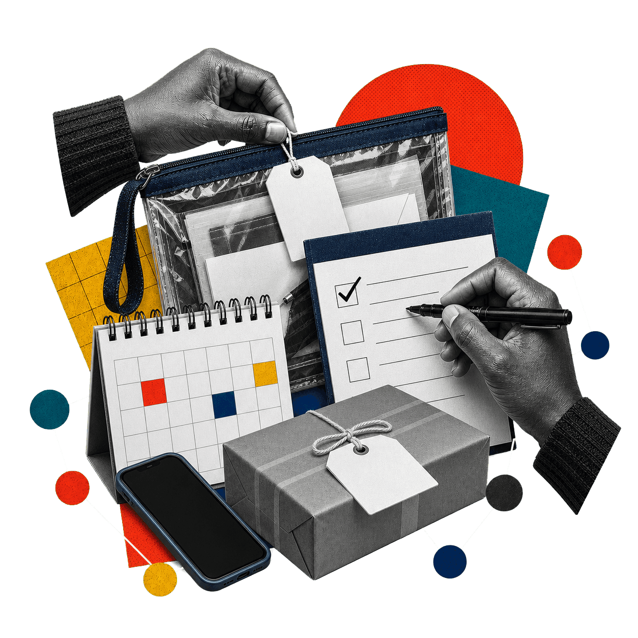 Colagem com mãos organizando documentos, bolsa transparente, checklist, calendário e caixa de envio.